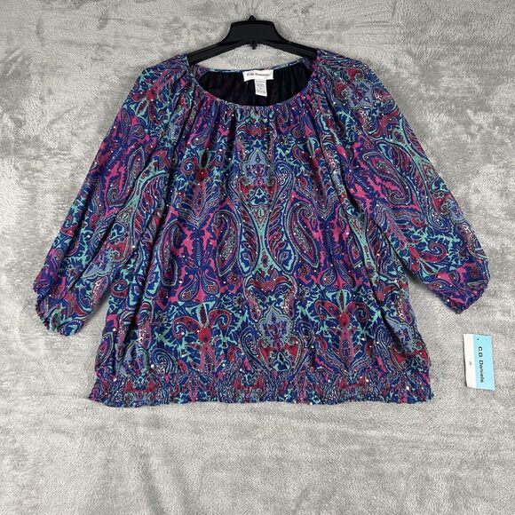 NWT C.D. Daniels Blouse Top Plus Size 2X Bright‎ Colorful Paisley Sequins Artsy - Picture 1 of 9